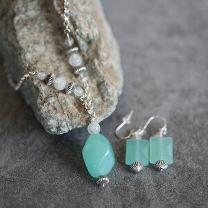 Sterling, Moonstone and Aqua Glass Jewelry Set